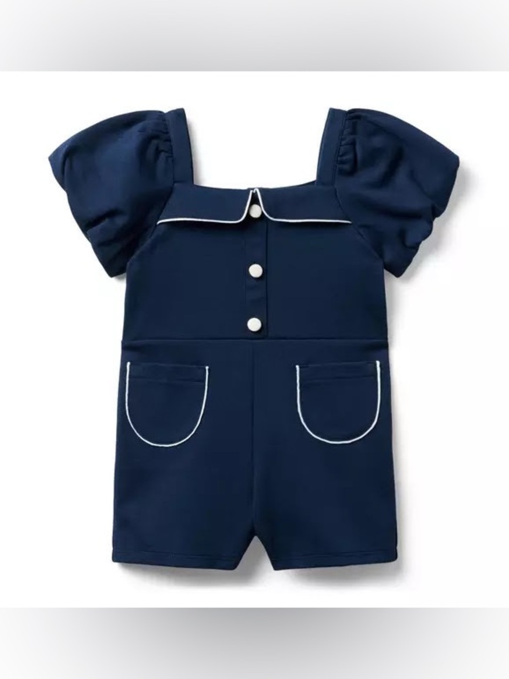 Brand New Janie & Jack Girls Navy Blue Puff Sleeve Ponte Romper, Size 4, NWT